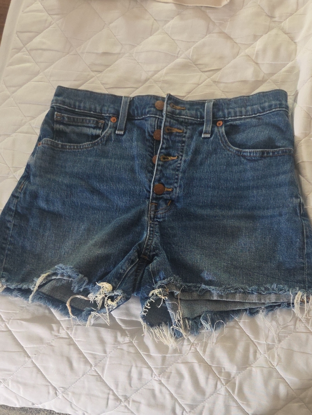 Madewell Distressed Button-Fly High Rise Denim Shorts - Blue